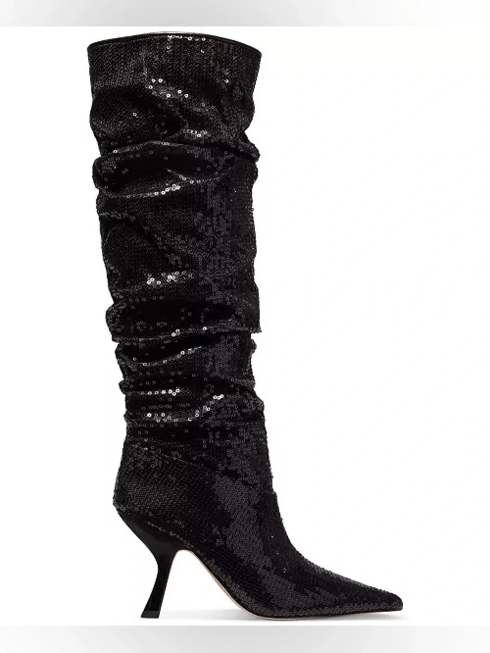 Black Sequin Knee-High Pointed Toe Heeled Boots - Women